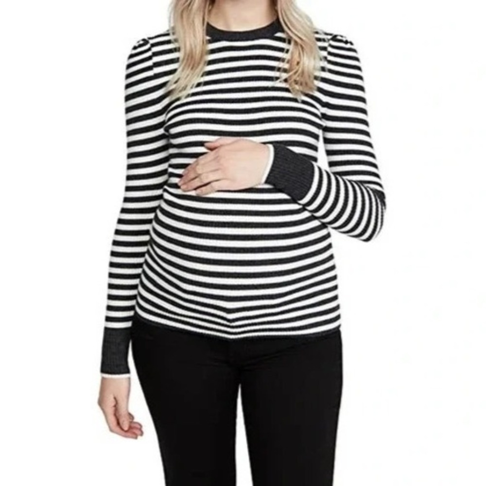 HATCH Giada Merino Wool Striped Maternity Sweater Puff Sleeve Rib Knit Top Sz 1